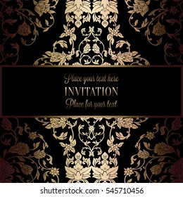 Abstract background with antique, luxury black and gold vintage frame, victorian banner, damask floral wallpaper ornaments, invitation card, baroque style booklet, fashion pattern, template for design