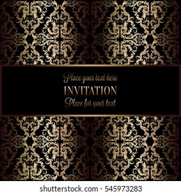 Abstract background with antique, luxury black and gold vintage frame, victorian banner, damask floral wallpaper ornaments, invitation card, baroque style booklet, fashion pattern, template for design