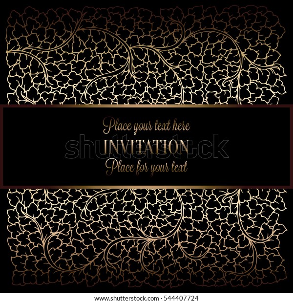 Abstract background with antique, luxury black and\
gold vintage frame, victorian banner, damask floral wallpaper\
ornaments, invitation card, baroque style booklet, fashion pattern,\
template for design