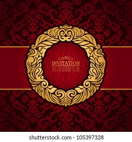 Abstract background with antique, luxury red and gold vintage frame, victorian banner, floral wallpaper, garland ornament, invitation card, baroque style booklet, fashion pattern, template for design