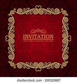 Abstract background with antique, vintage frame, red damask wallpaper with ornamental, gold invitation card and baroque style label, fashion seamless pattern, graphic, geometric ornaments for design