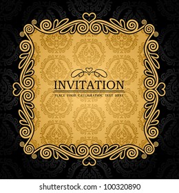 Abstract background with antique, vintage frame, black damask wallpaper with ornamental, gold invitation card, baroque style label, fashion seamless pattern, graphic, geometric ornaments for design