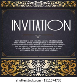 Abstract background with antique vintage frame, victorian banner,  invitation card, baroque style booklet, template for design. Wedding invitation. 