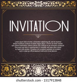 Abstract background with antique vintage frame, victorian banner,  invitation card, baroque style booklet, template for design. Wedding invitation. 