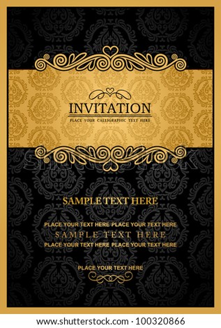 Abstract background with antique, vintage frame and banner, black damask wallpaper with ornamental, gold invitation card, baroque style label, fashion pattern, graphic ornament for decoration, design