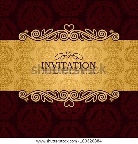Abstract background with antique, vintage frame and banner, red damask wallpaper with ornamental, gold invitation card, baroque style label, fashion pattern, graphic ornaments for decoration, design.