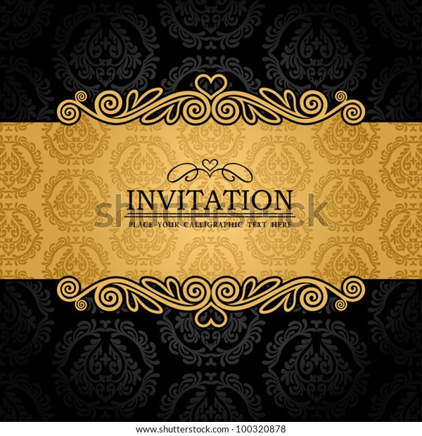抽象的な背景にアンティーク ビンテージフレームとバナー 装飾用の黒いダマスク壁紙 金色の招待カード バロックスタイルのラベル ファッションパターン 装飾用グラフィックス装飾 デザイン のベクター画像素材 ロイヤリティフリー