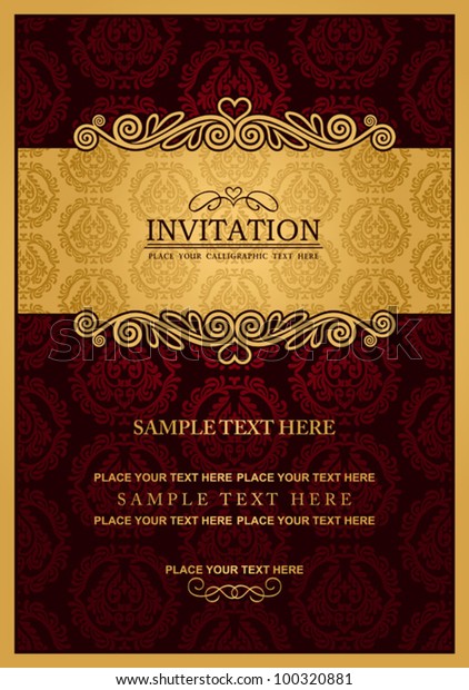 Abstract background with antique, vintage frame\
and banner, red damask wallpaper with ornamental, gold invitation\
card, baroque style label, fashion pattern, graphic ornaments for\
decoration, design