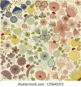 Abstract background with apple, flowers, butterflies
