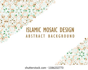 Abstract background in Arabian style. Islamic mosaic design. Arabic girih design background for Ramadan Kareem. Islamic ornamental colorful detail of mosaic. Greeting card for Ramadan.