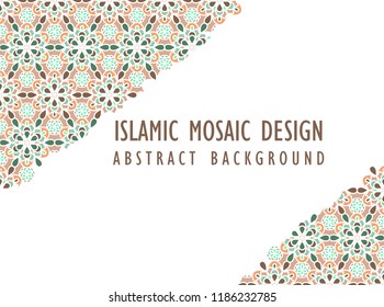 Abstract background in Arabian style. Islamic mosaic design. Arabic girih design background for Ramadan Kareem. Islamic ornamental colorful detail of mosaic. Greeting card for Ramadan.