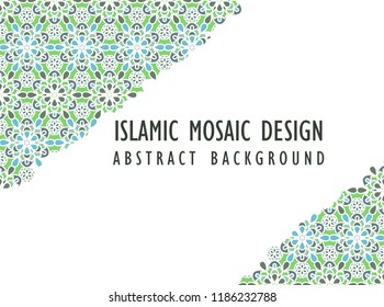 Abstract background in Arabian style. Islamic mosaic design. Arabic girih design background for Ramadan Kareem. Islamic ornamental colorful detail of mosaic. Greeting card for Ramadan.
