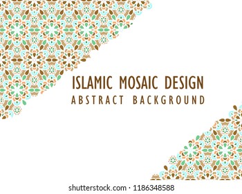 Abstract background in Arabian style. Islamic mosaic design. Arabic girih design background for Ramadan Kareem. Islamic ornamental colorful detail of mosaic. Greeting card for Ramadan.
