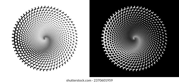 Fondo abstracto con flechas en círculo. Espiral de diseño artístico como logotipo o icono. Una figura negra en un fondo blanco y una figura igualmente blanca en el lado negro.