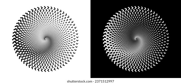Fondo abstracto con flechas en círculo. Espiral de diseño artístico como logotipo o icono. Una figura negra en un fondo blanco y una figura igualmente blanca en el lado negro.