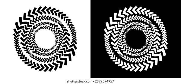 Abstract background with arrows in circle. Art design spiral as logo or icon. A black figure on a white background and an equally white figure on the black side.