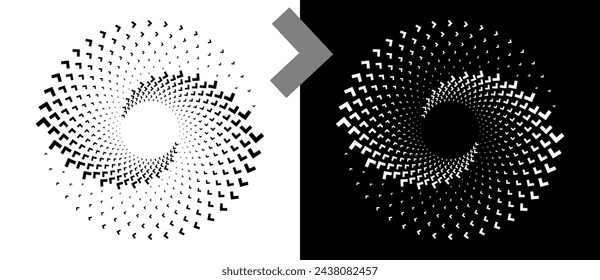 Abstract background with arrows in circle. Art design spiral as logo or icon. A black figure on a white background and an equally white figure on the black side.