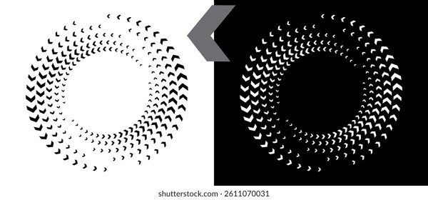 Abstract background with arrows in circle. Art design spiral as logo or icon. A black figure on a white background and an equally white figure on the black side.