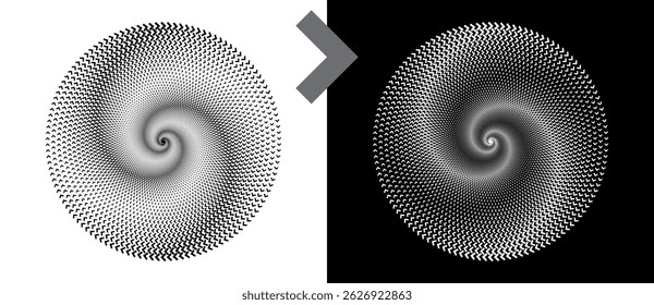 Fondo Abstractas con flechas en círculo. Espiral de diseño de arte como logotipo o icono. Una figura negra sobre un fondo blanco y una figura igualmente blanca en el lado negro.