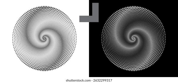 Fondo Abstractas con flechas en círculo. Espiral de diseño de arte como logotipo o icono. Una figura negra sobre un fondo blanco y una figura igualmente blanca en el lado negro.