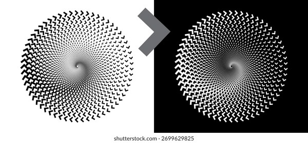 Fondo Abstractas con flechas en círculo. Espiral de diseño de arte como logotipo o icono. Una figura negra sobre un fondo blanco y una figura igualmente blanca en el lado negro.