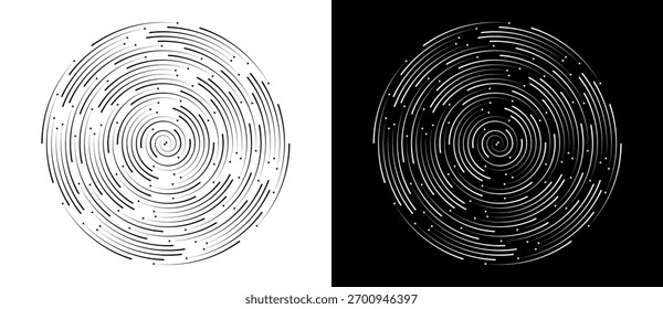 Abstract background with arrows and lines. Creative circle as logo or icon. Black lines on a white background and white lines on the black side.