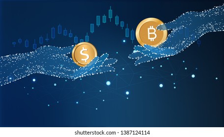 abstract background artificial intelligence technology web for hand exchange dollar with bitcoin business digital virtual concept