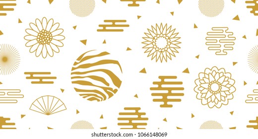 Abstract background with Asian motifs. Seamless white and golden pattern with ornate circles, flowers and other geometric elements.