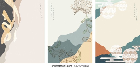 Abstract background with Asian traditional elements vector. Hand drawn decoration with Japanese wave pattern in vintage style.