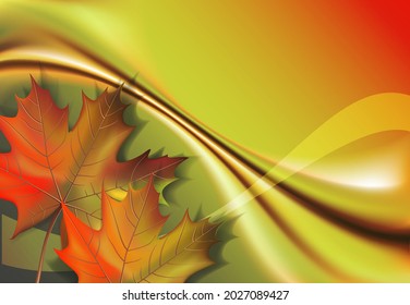 Abstract background. Autumn composition with flowing golden lines and maple leaves. Eps10.
