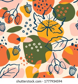 Abstract background with autumn elements, bright leaves, berries and acorns. Minimalistic style. Fall pattern with colorful shapes. Vector illustration