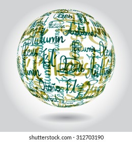 Abstract background of of autumn inscriptions in different languages in the form of a sphere