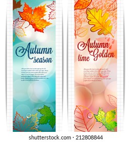 Abstract background of autumn leaves on blurred background with bokeh elements.Two banners autumn template for your design.Text separately from the background.