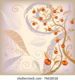 abstract background autumn tree with ripe apples and yellow leaves