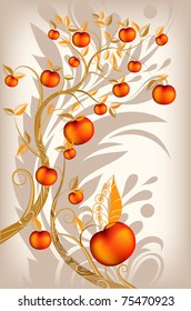 abstract background autumn tree with ripe apples and yellow leaves