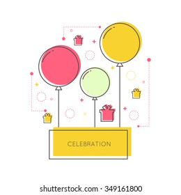 Abstract background with balloons, gifts and geometric shapes. Place for text congratulations.