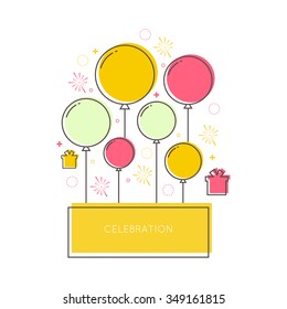 Abstract background with balloons, gifts and geometric shapes. Place for text congratulations.