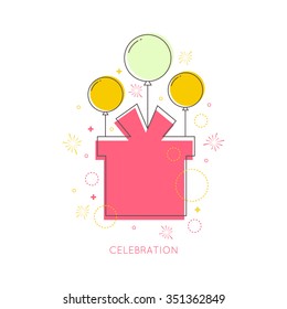 Abstract background with balloons, gifts and geometric shapes. 