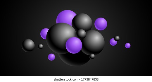 Abstrakte Hintergrundbälle 3D. Hintergrund mit realistischen Bälle. Vektorgrafik mit Bläschen. Horizontaler schwarzer Banner.