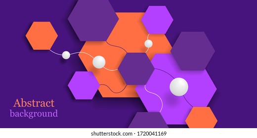 Abstract background with balls and hexagons. Honeycomb template 3D purple color. Vector illustration with geometric shapes. Horizontal violet banner. Design cover, wallpaper, website, brochure. Stock.