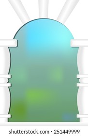 Abstract background with balustrade window and bokeh effect in blue and green