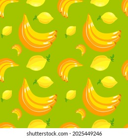 Resumen de plátanos de fondo y limones sobre verde, textura para el diseño, patrón sin fisuras, ilustración vectorial