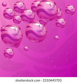 Abstrakter Hintergrundbanner mit großen und kleinen Bänden oder Blasen auf Sky Space Planets mit Sternen und nebelrosa Vektordesign