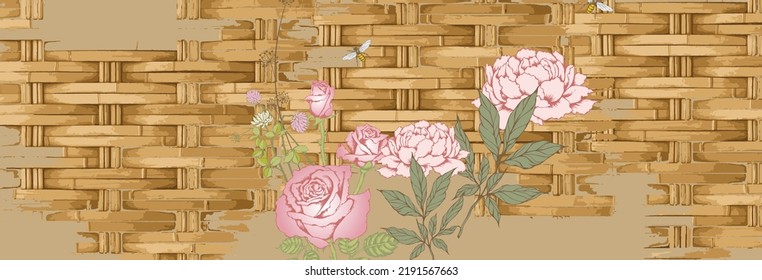 Abstract background banner with pink flowers and wicker basket. Suitable for social media posts, mobile applications, banner design and online advertising.