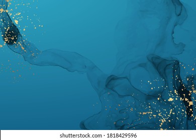 Abstract Background For Banner Or Presentation Or Greeting Card With Navy Blue Watercolor Waves Or Fluid Art In Alcohol Ink Style With Golden Splashes.