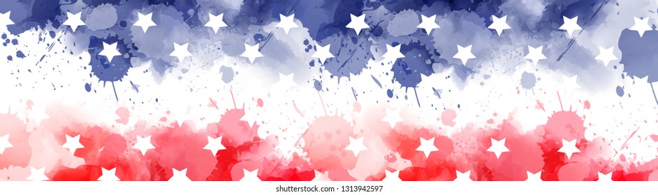 Abstract background banner with watercolor splashes in flag colors for USA. Template background for national holidays - Independence day, Memorial day, Labor day etc. Blue and red colored with stars. 