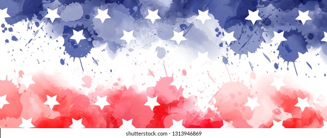 Abstract background banner with watercolor splashes in flag colors for USA. Template background for national holidays - Independence day, Memorial day, Labor day etc. Blue and red colored with stars. 