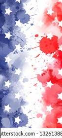 Abstract background banner with watercolor splashes in flag colors for USA. Template background for national holidays - Independence day, Memorial day, Labor day etc. Blue and red colored with stars. 
