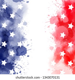 Abstract background banner with watercolor splashes in flag colors for USA. Template background for national holidays - Independence day, Memorial day, Labor day etc. Blue and red colored with stars. 