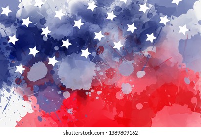 Abstract background banner with watercolor splashes in flag colors for USA. Template background for national holidays - Independence day, Memorial day, Labor day etc. Blue and red colored with stars. 